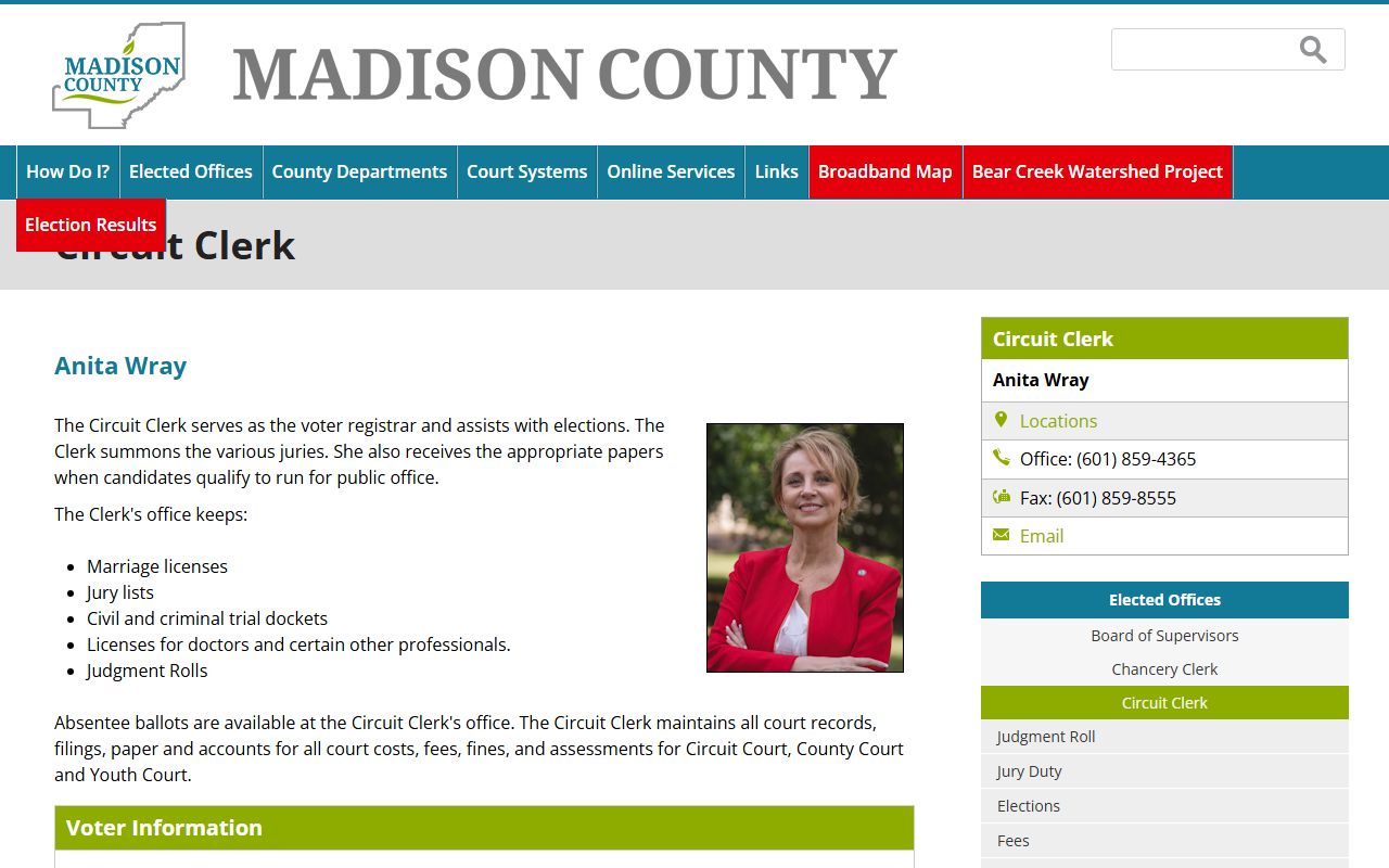 Madison County Circuit Clerk page naming Anita Wray and listing clerk duties for court records