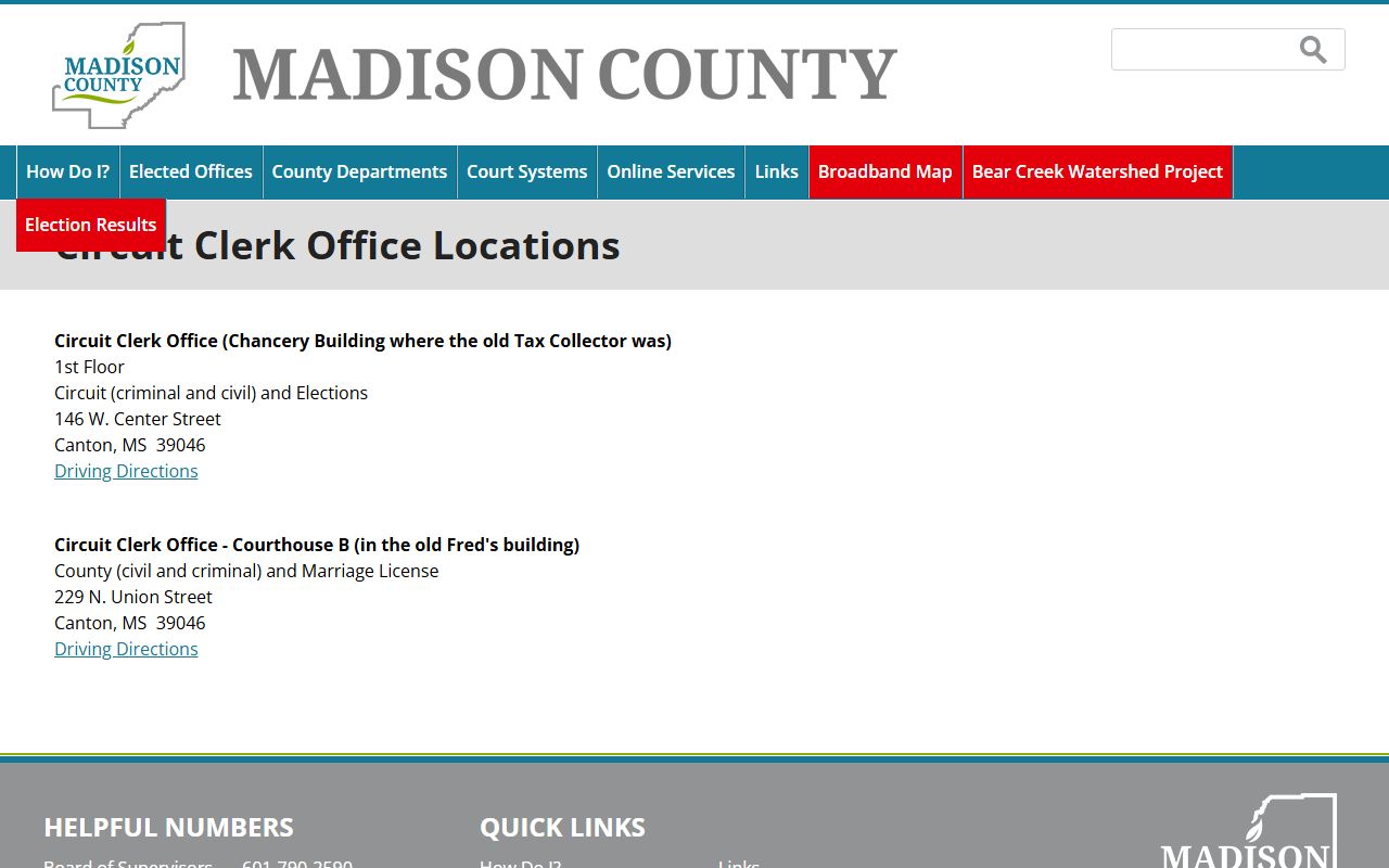 Madison County Circuit Clerk office locations page splitting circuit, county court, and marriage license counters