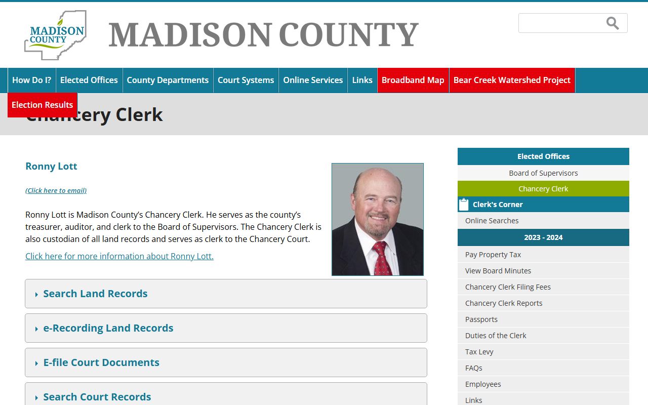Madison County Chancery Clerk page with Ronny Lott, land records, and court records notice
