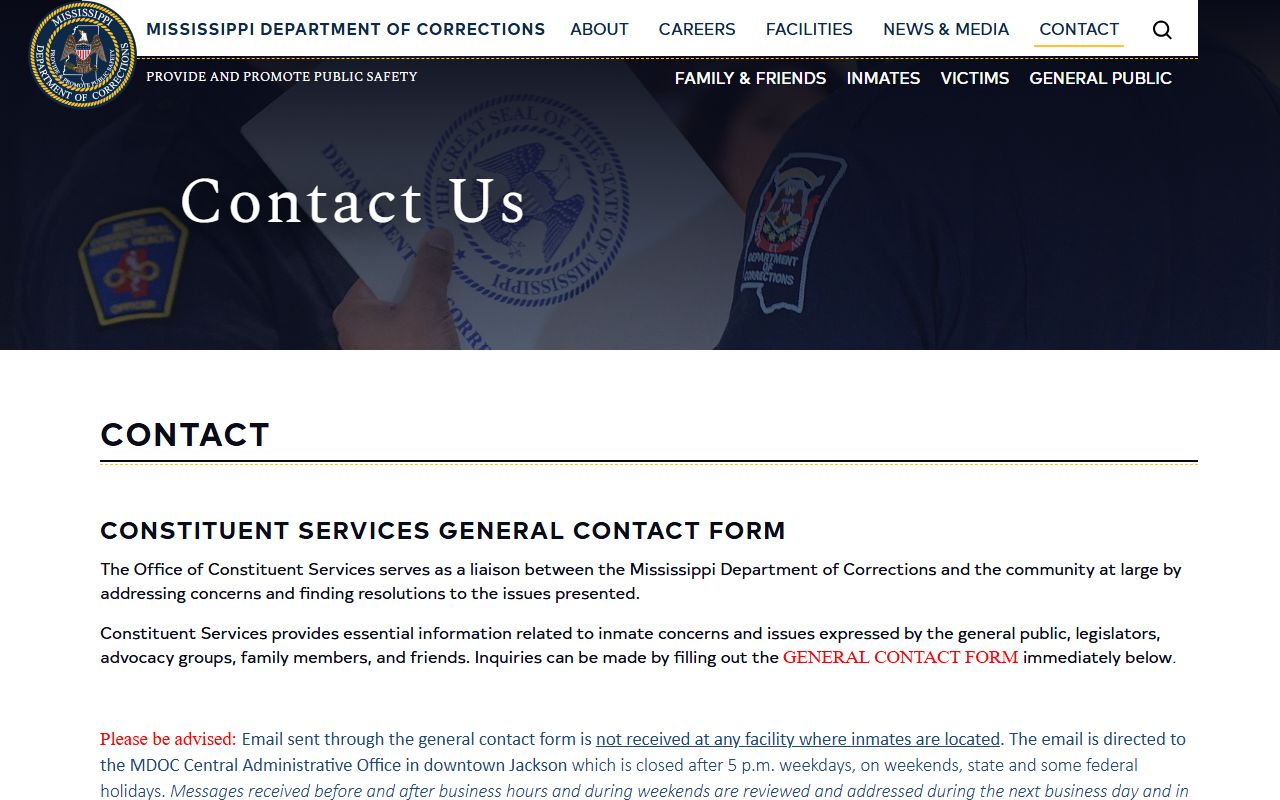 Mississippi Department of Corrections contact and records page for statewide charge history