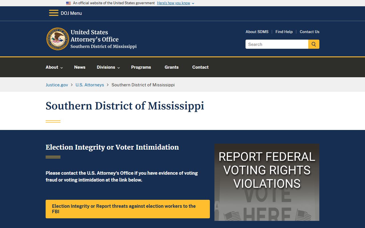 U.S. Attorney's Office Southern District of Mississippi page for federal charges from Madison County