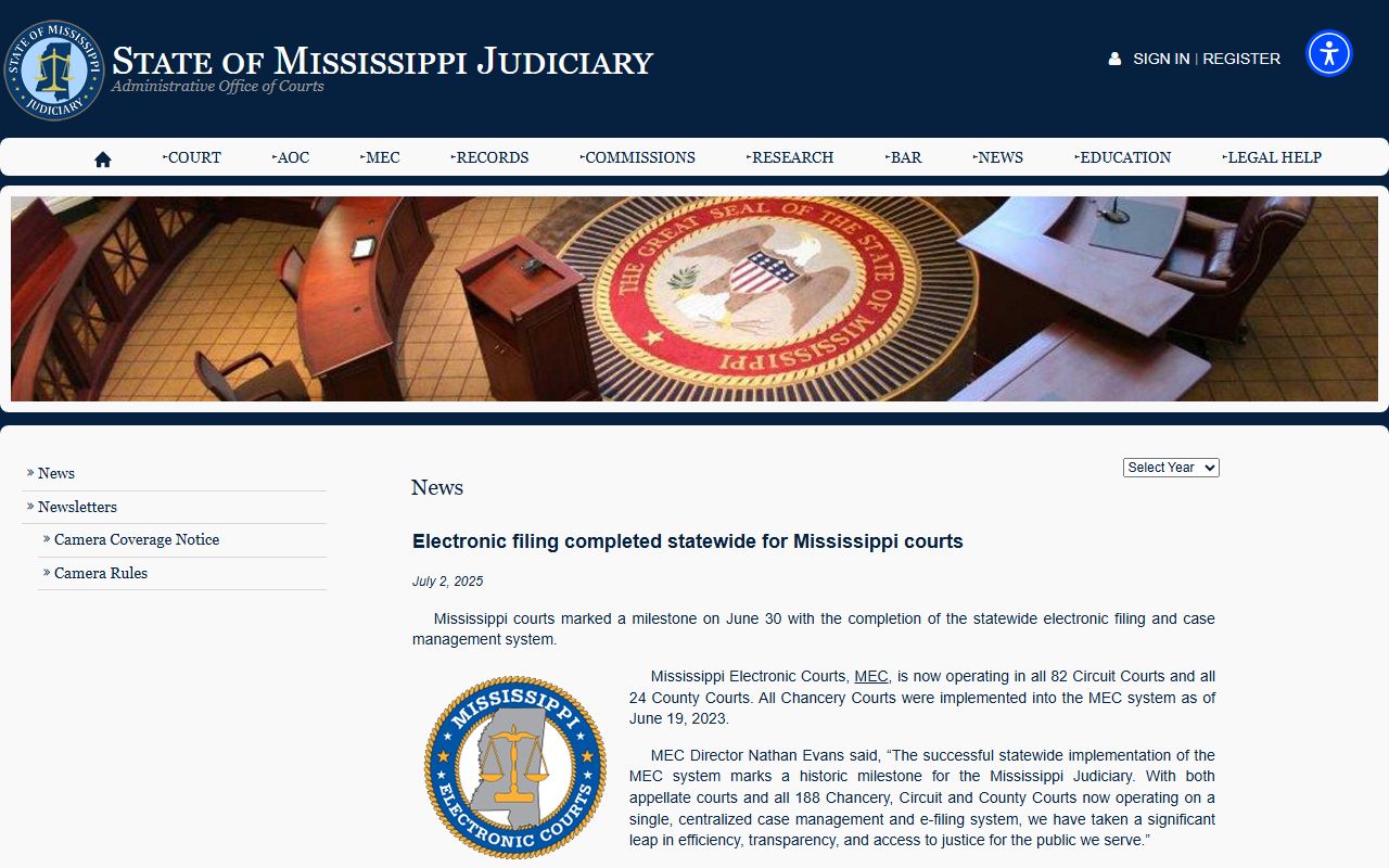 Mississippi Judiciary news item on statewide electronic filing for Madison County court dockets