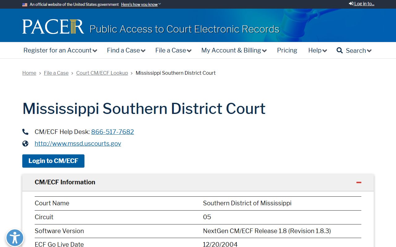 PACER CM/ECF lookup for Southern District of Mississippi Madison County court dockets