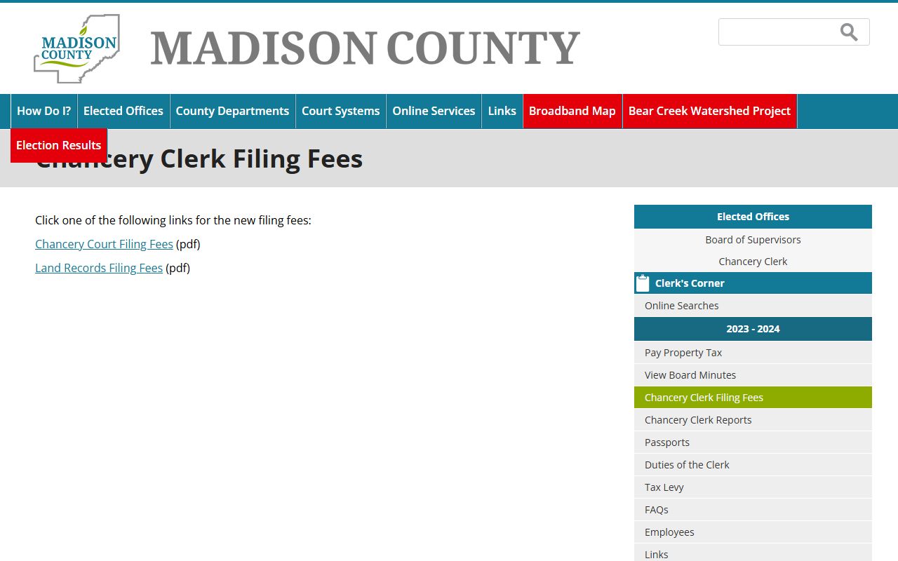 Chancery Clerk filing-fees page for Madison County court records and land records