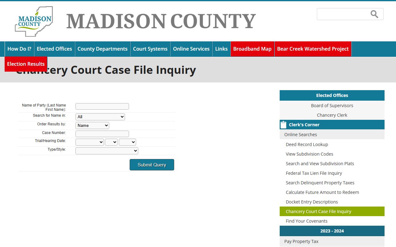 Madison County Chancery case inquiry page for court records, noted as deprecated