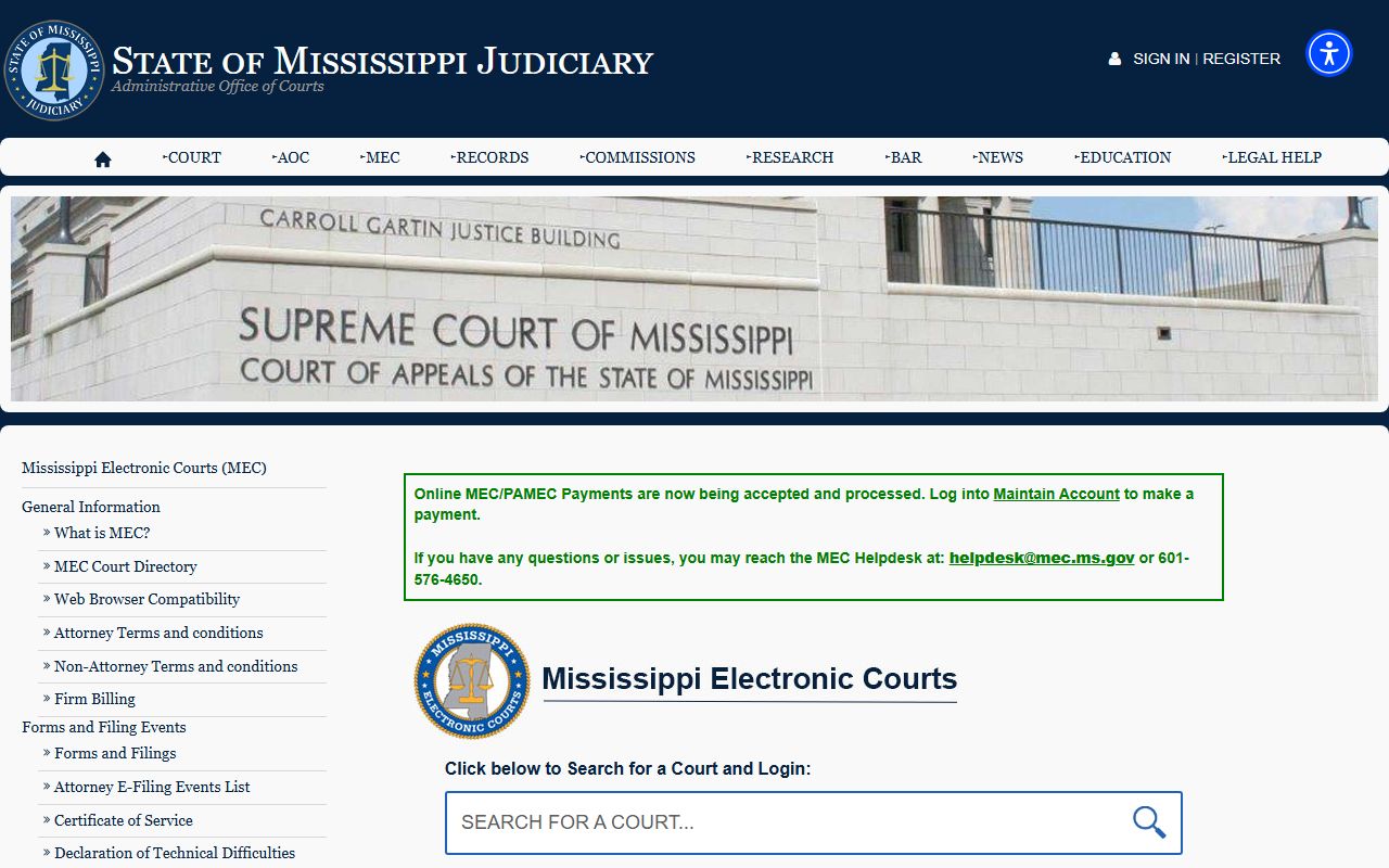 Mississippi Electronic Courts landing page used for Madison County court records