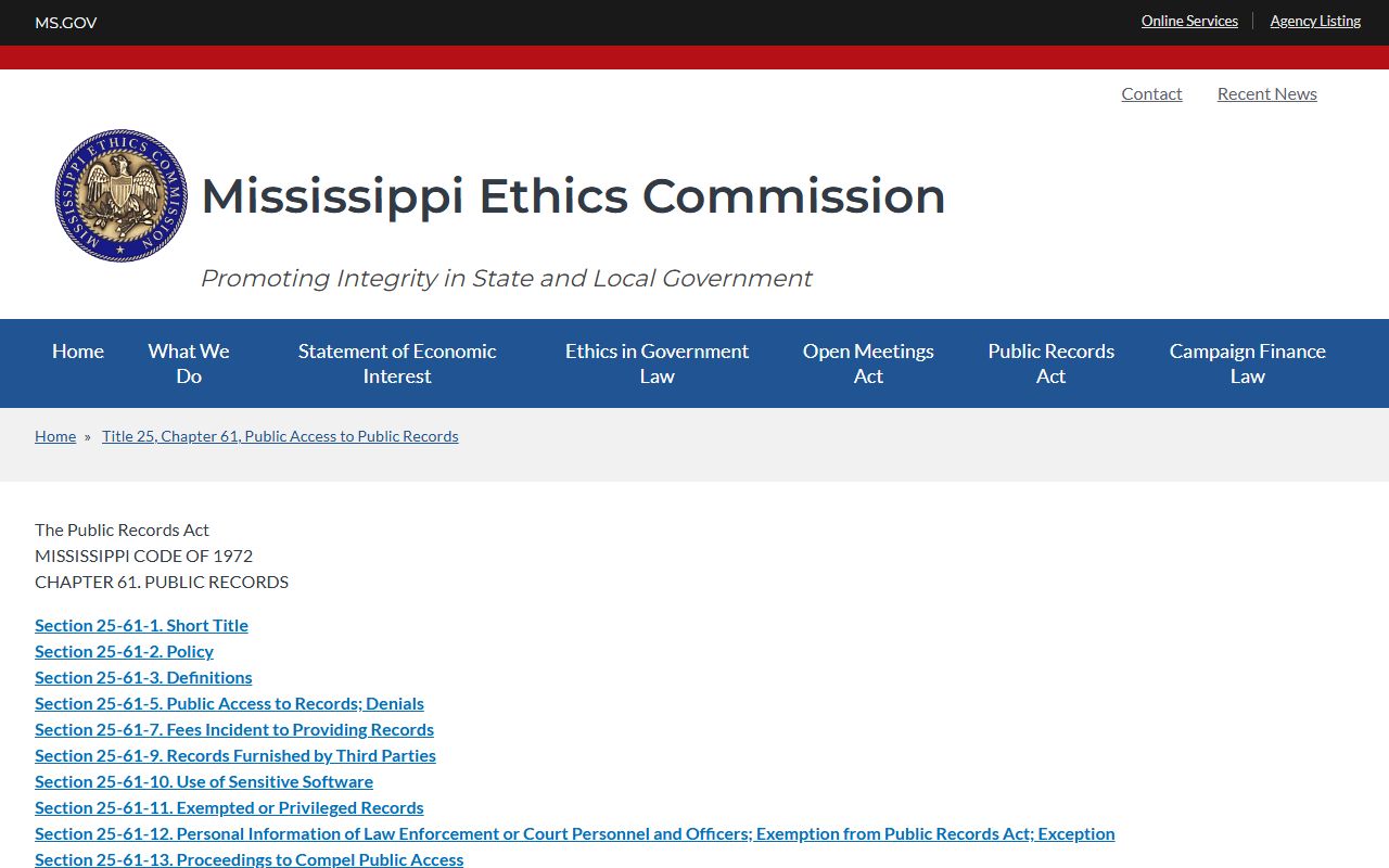 Mississippi Public Records Act page tied to Madison County court records access