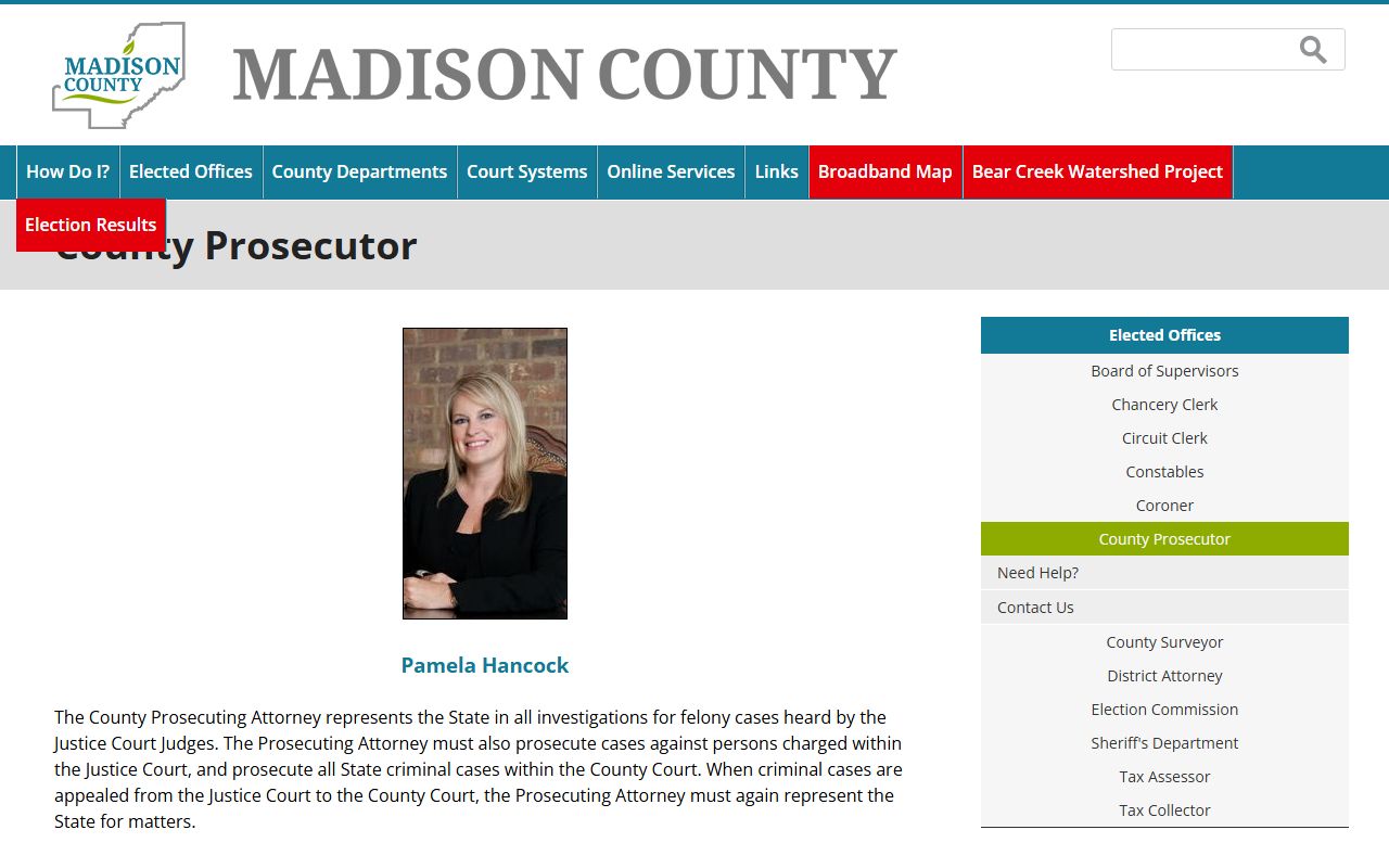Madison County County Prosecutor page describing criminal court records duties in Justice and County Court