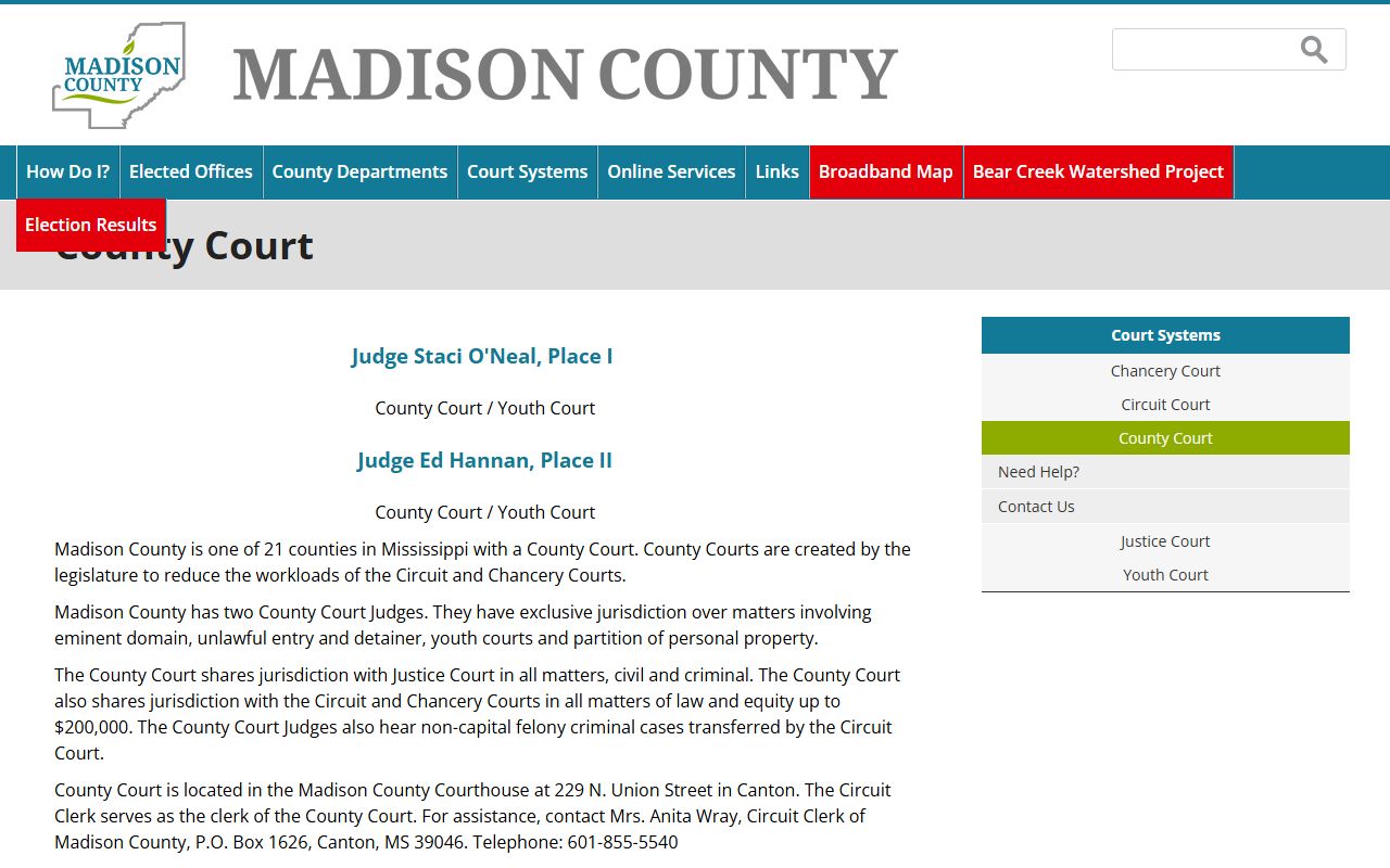 Madison County Court page showing judges, jurisdiction, address, and phone for trial cases