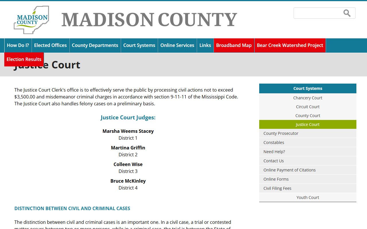 Madison County Justice Court page with civil threshold, misdemeanors, traffic, and rotation rule