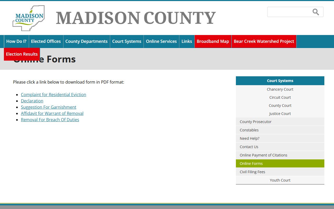 Madison County Justice Court online forms for eviction, declaration, garnishment, and removal