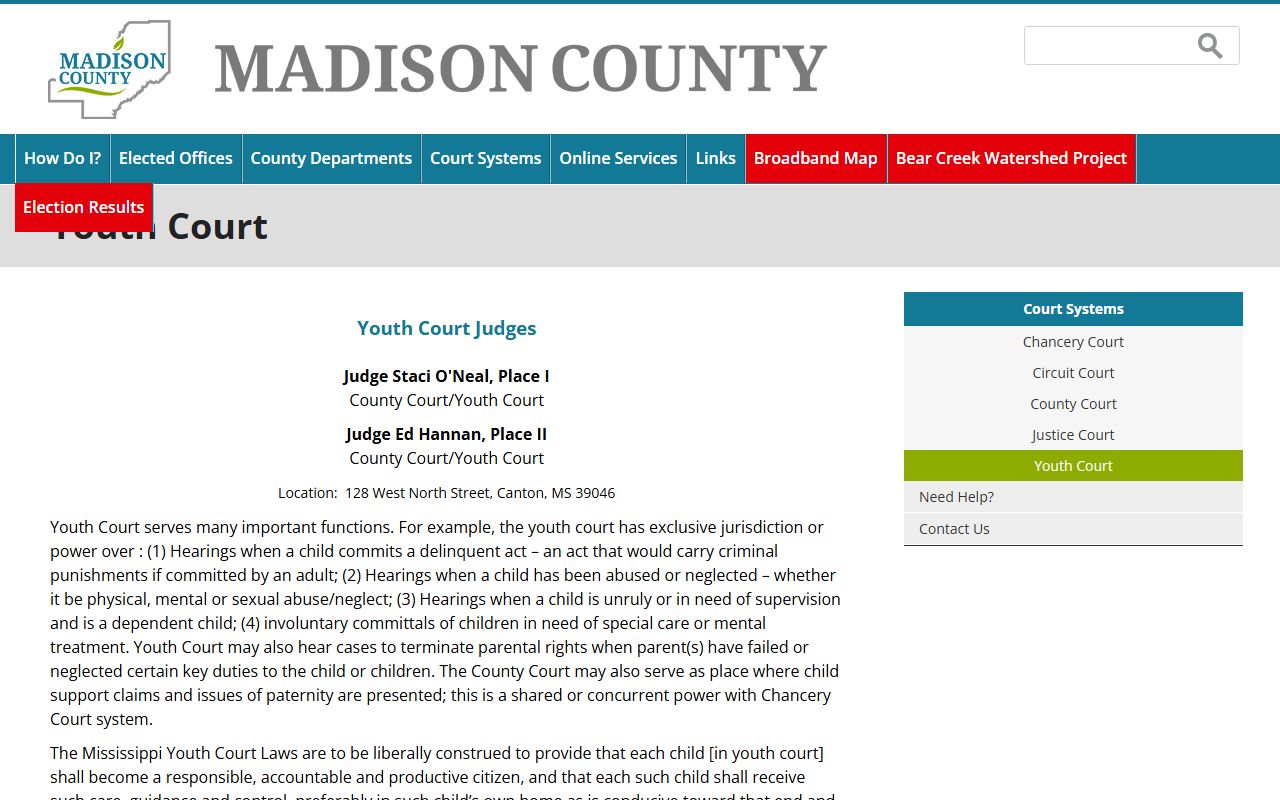 Madison County Youth Court page with judges, services, coordinators, and juvenile jurisdiction