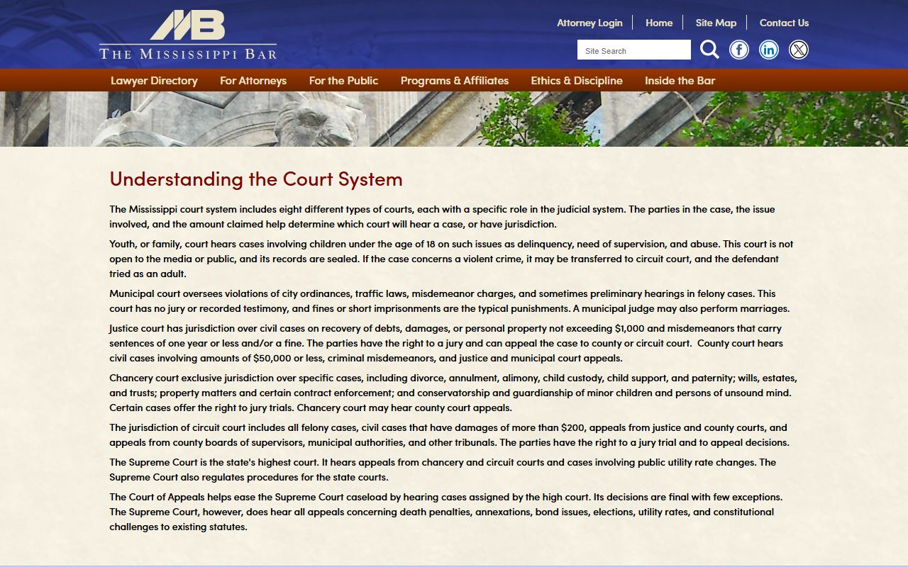 Mississippi Bar guide to the state court structure that governs Madison County court records