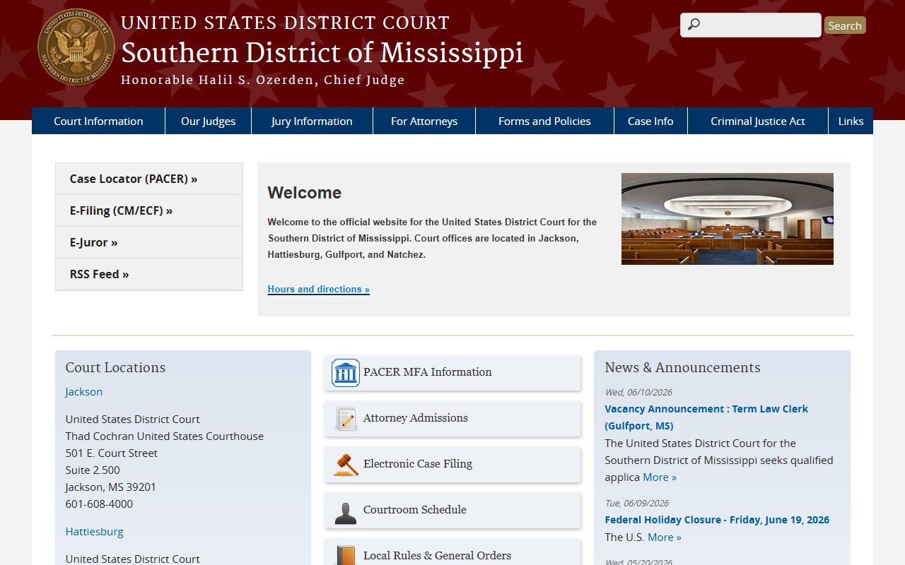 Southern District of Mississippi federal court homepage covering Madison County federal records