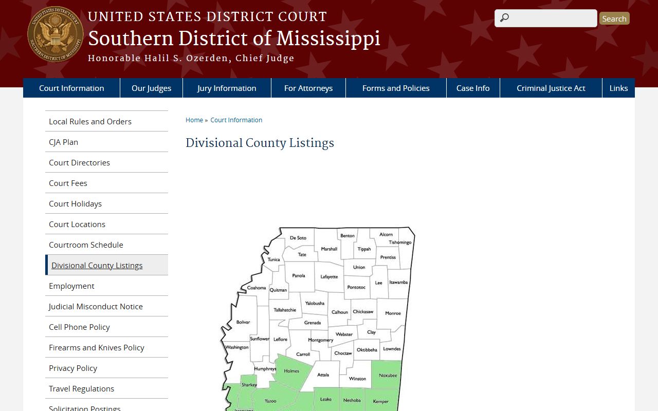 Southern District of Mississippi county list showing Madison County for federal court records