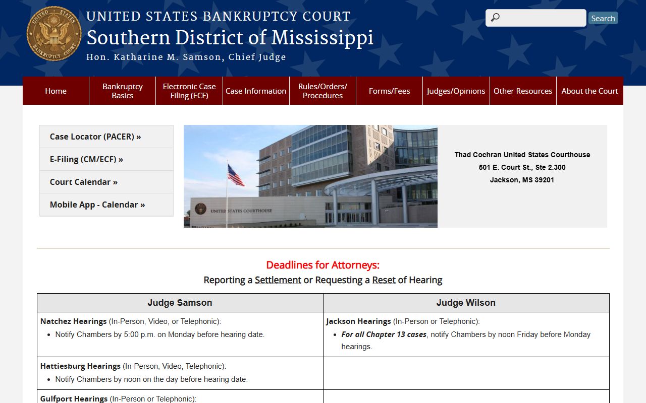 Southern District of Mississippi bankruptcy court homepage for Madison County federal records