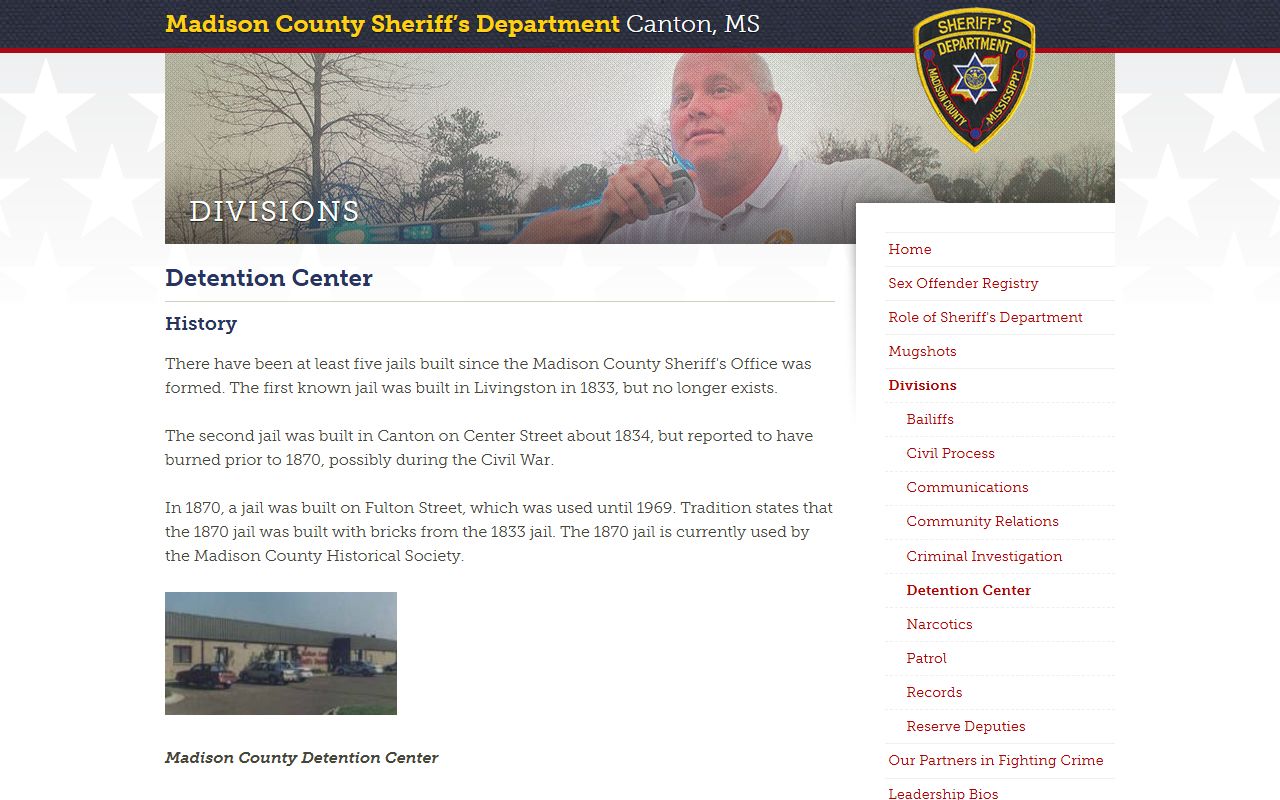 Madison County Detention Center page with jail history, capacity, and contact information