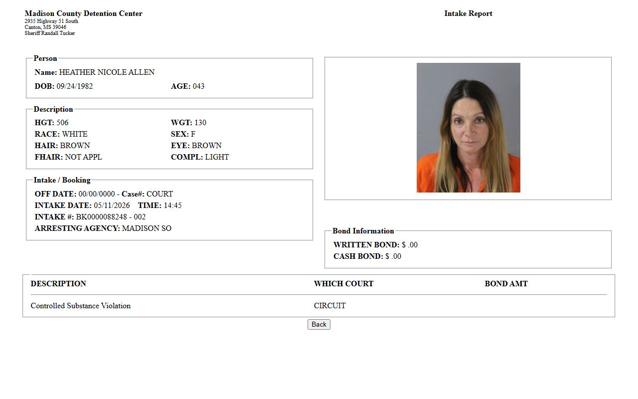 Sample Madison County inmate profile with booking, bond, and charge fields