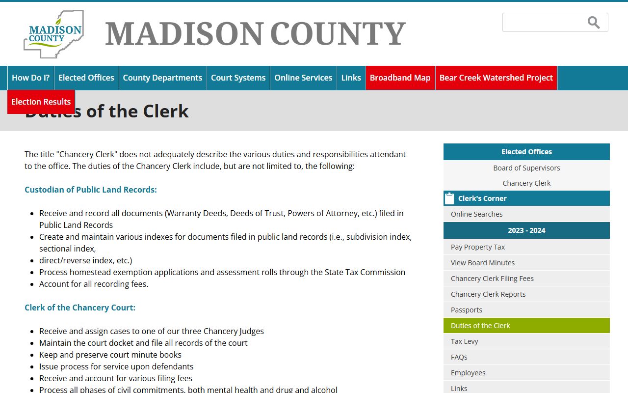 Madison County Chancery Clerk duties page covering probate docket, records, and commitments