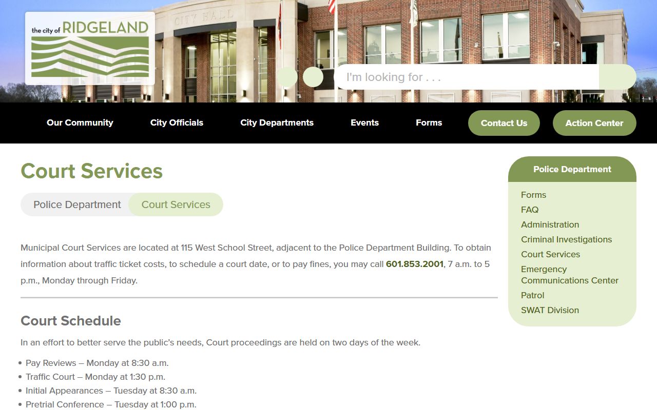 Madison County Ridgeland Court Services traffic ticket cost and court date page