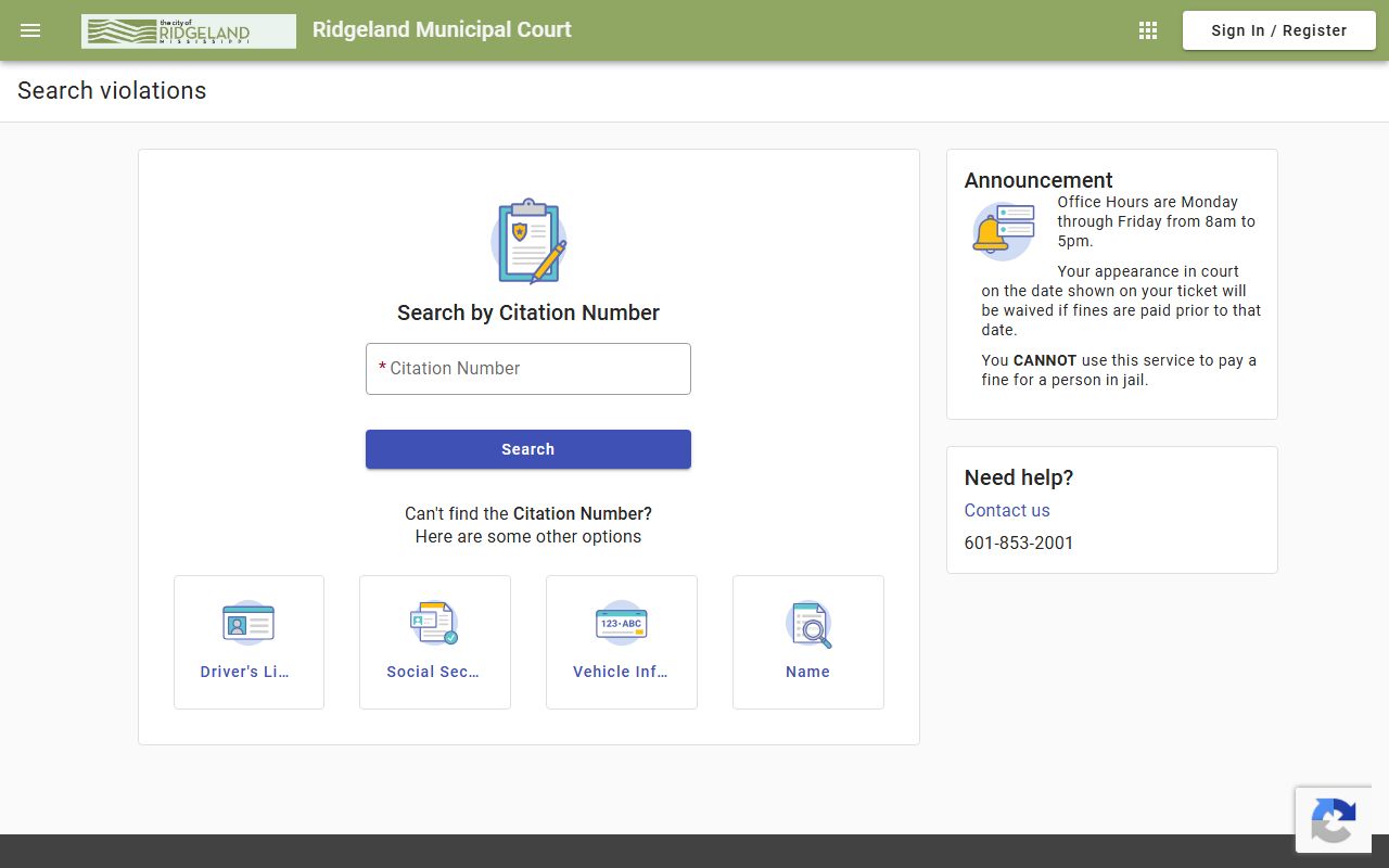 Madison County Ridgeland Municipal Court traffic citation payment and lookup portal