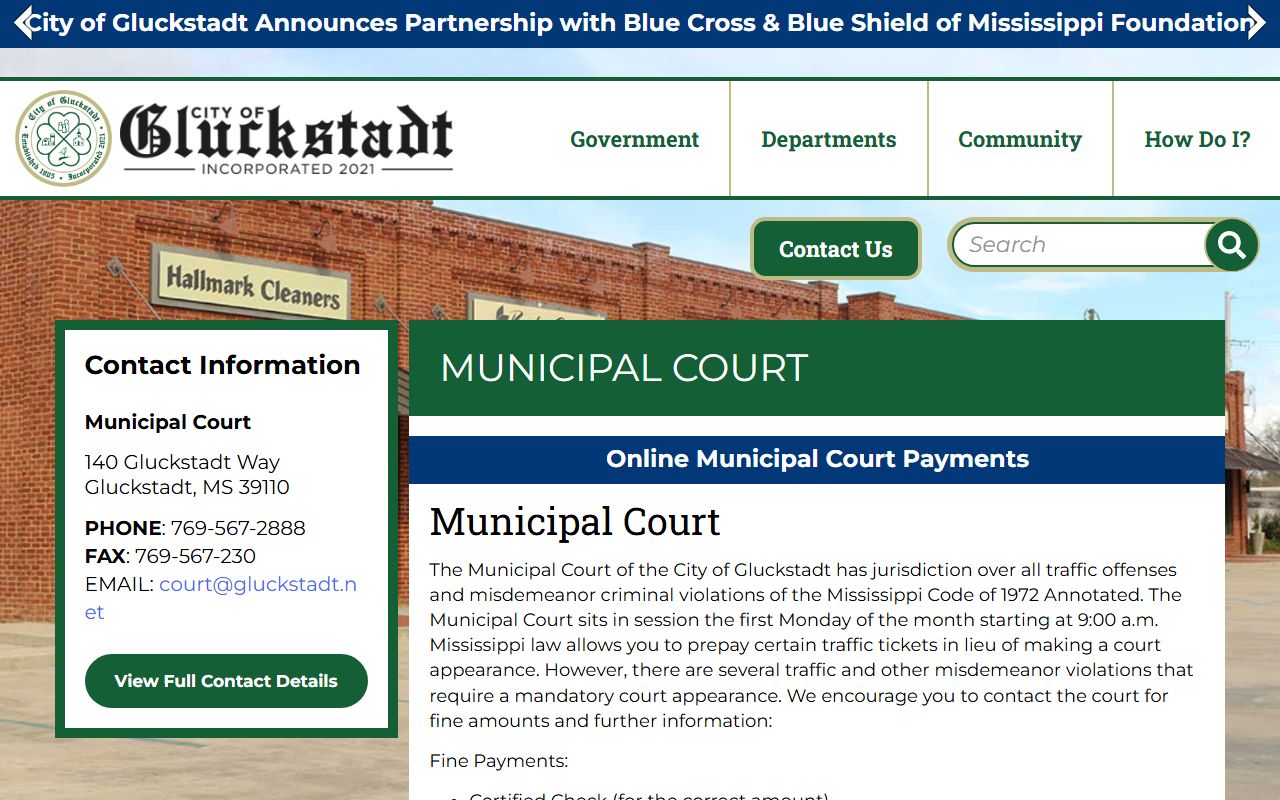 Madison County Gluckstadt Municipal Court traffic ticket contact and payment page