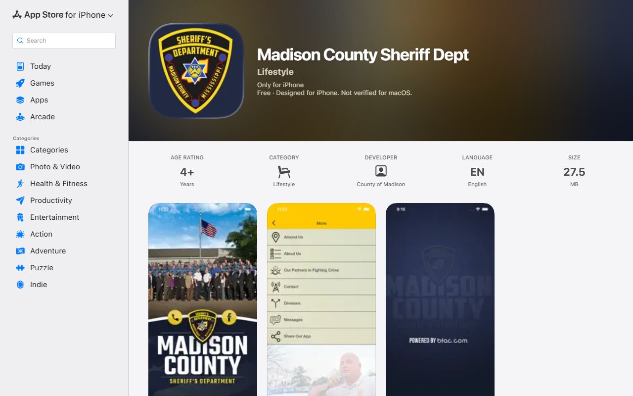 Madison County Sheriff Department warrant and public safety app listing on the Apple App Store